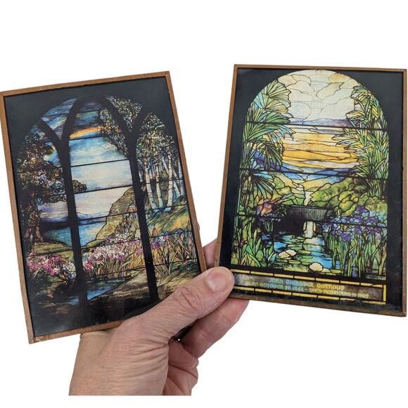 Pair Vintage Pictures Somber CEMETERY ART Prints Tiffany Stained Glass Memorials - Picture 4 of 5